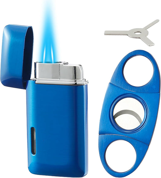 Lighter and Cutter Set, Double Jet Flame Torch Lighter with Adjustment Tools, Refillable Windproof Butane Gas Lighter, Gifts for Men, Blue.(Sold Without Gas)