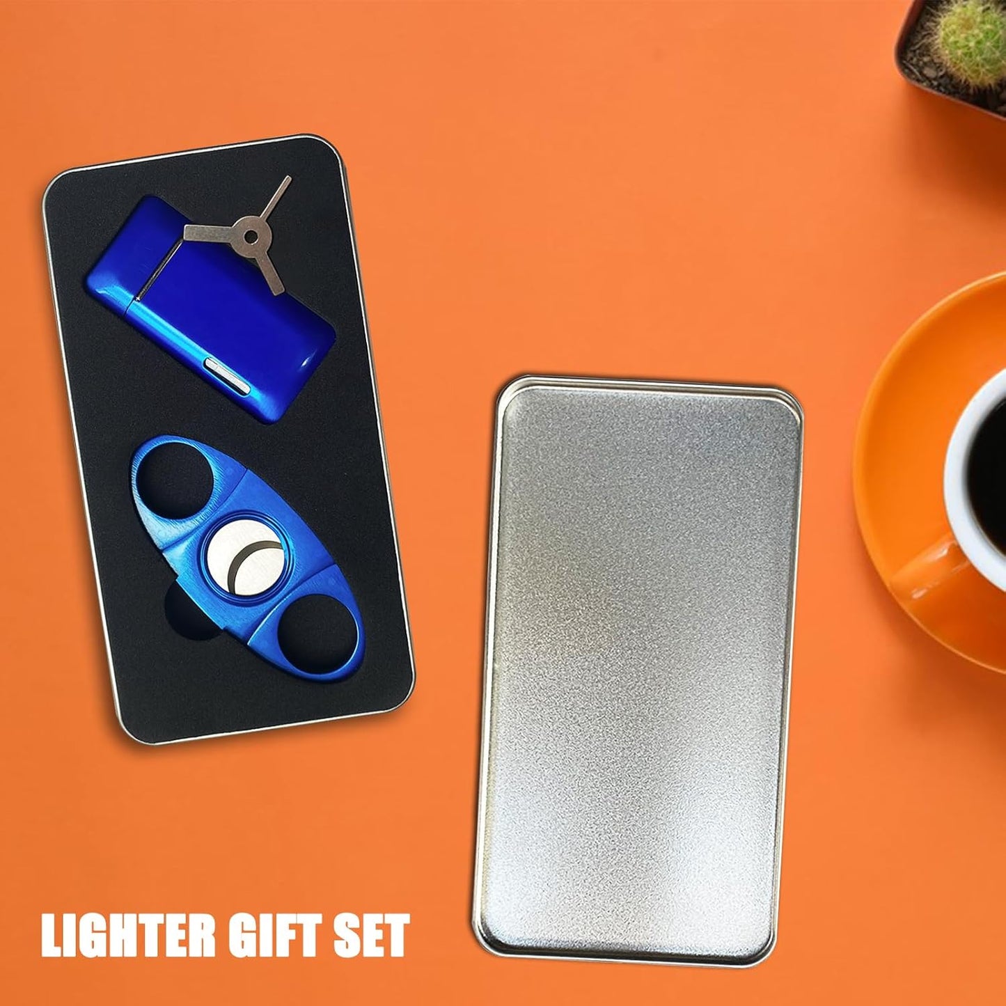 Lighter and Cutter Set, Double Jet Flame Torch Lighter with Adjustment Tools, Refillable Windproof Butane Gas Lighter, Gifts for Men, Blue.(Sold Without Gas)