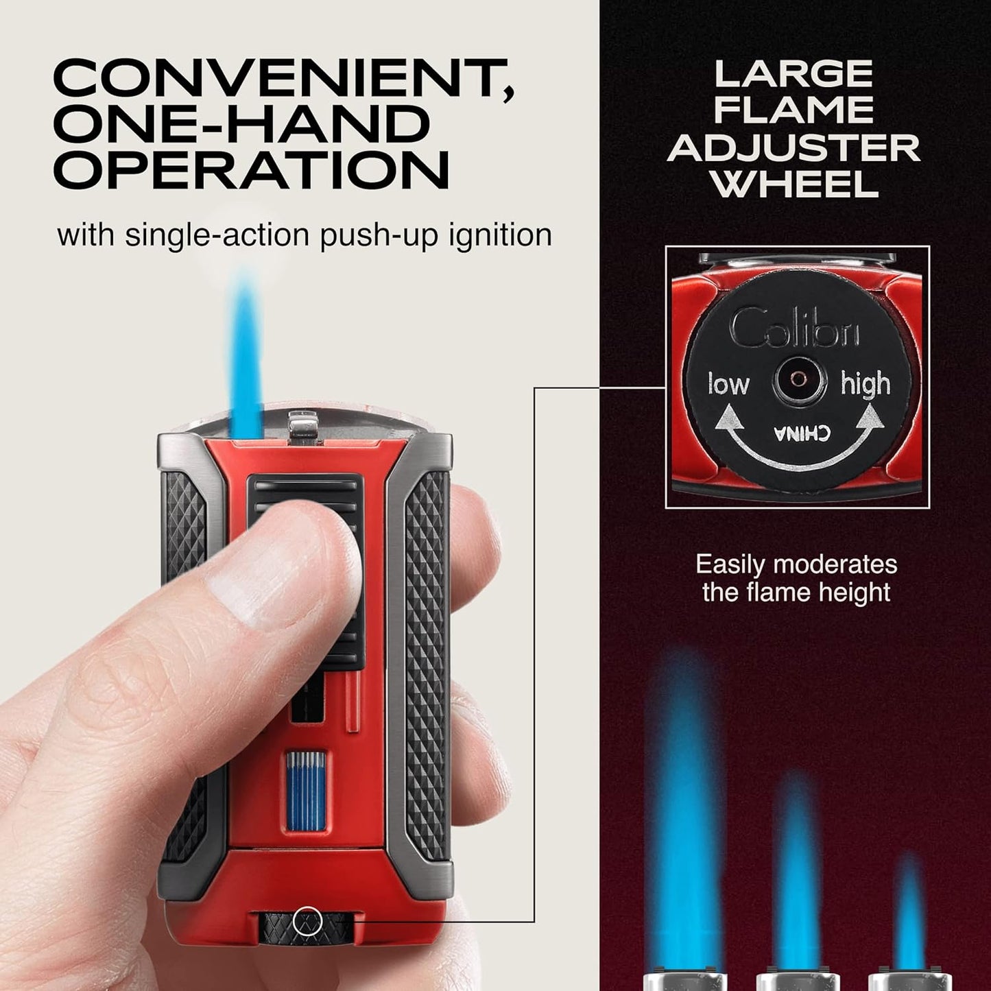 Colibri Apex One-Touch Lighter - Single Jet Cigar Lighter with Refillable Butane, Windproof, Adjustable Flame, Portable Design with Gift Box (Red)