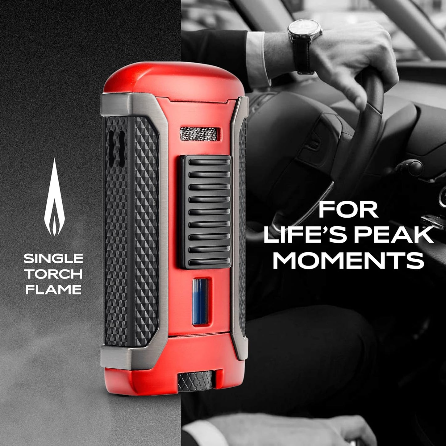 Colibri Apex One-Touch Lighter - Single Jet Cigar Lighter with Refillable Butane, Windproof, Adjustable Flame, Portable Design with Gift Box (Red)