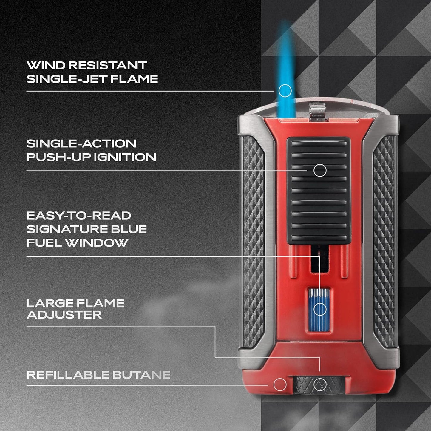 Colibri Apex One-Touch Lighter - Single Jet Cigar Lighter with Refillable Butane, Windproof, Adjustable Flame, Portable Design with Gift Box (Red)