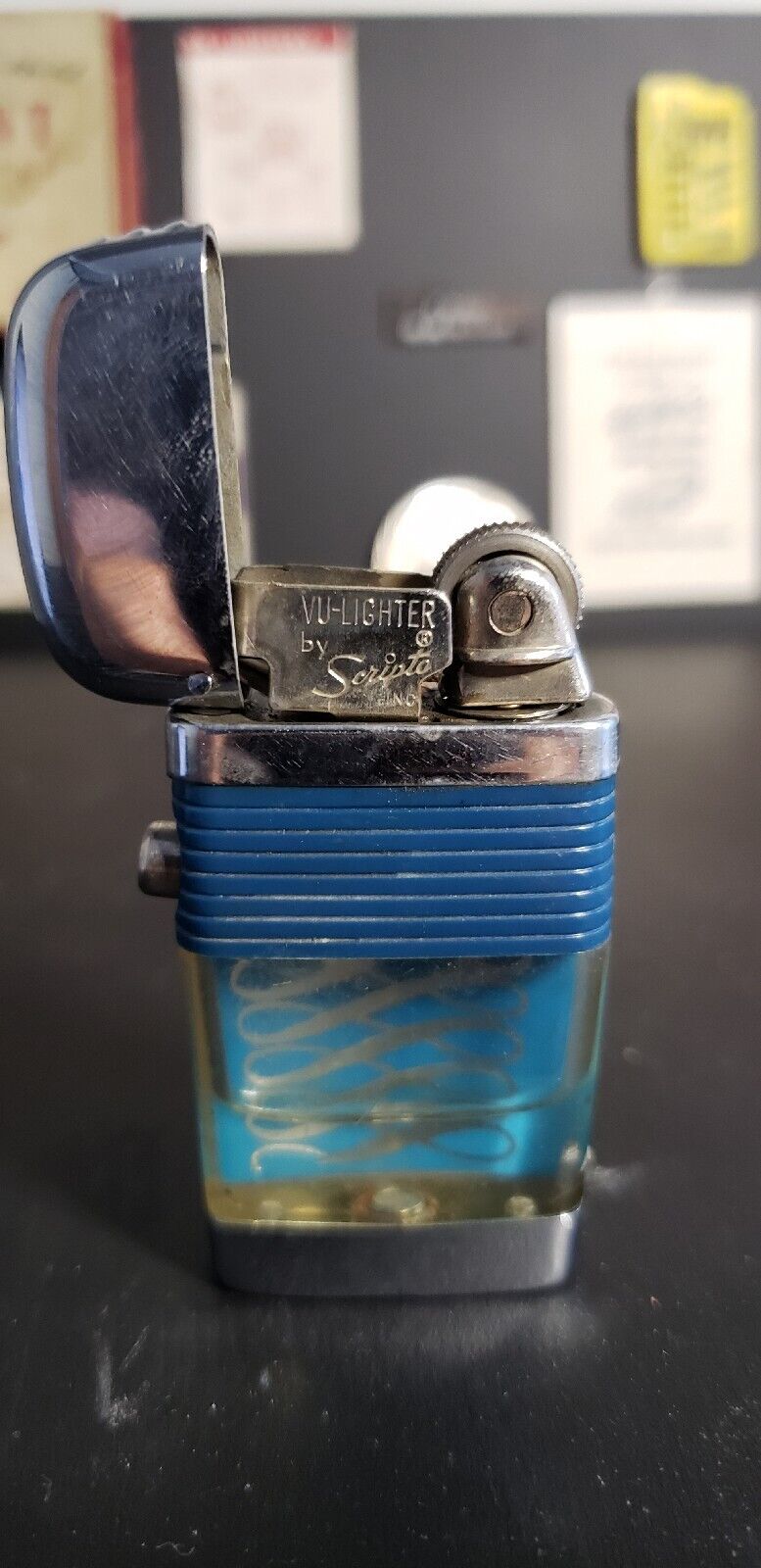 Vintage Scripto Vu Pocket Lighter, Blue Band, Chrome Swirl Infiniti, Working
