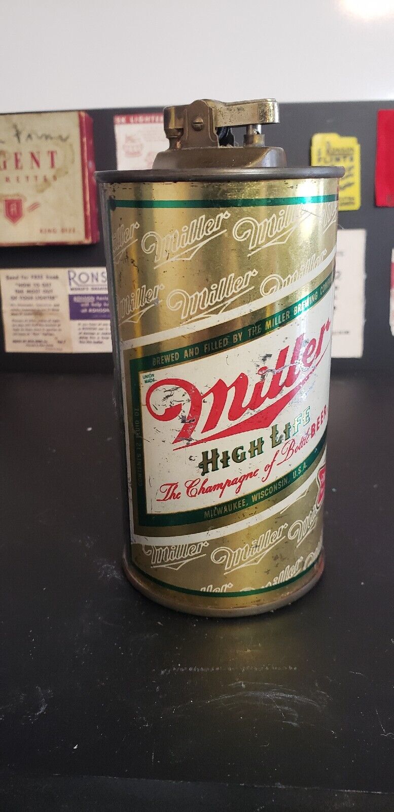 Vintage Miller High Life Can Lighter weather'd and patina'd working