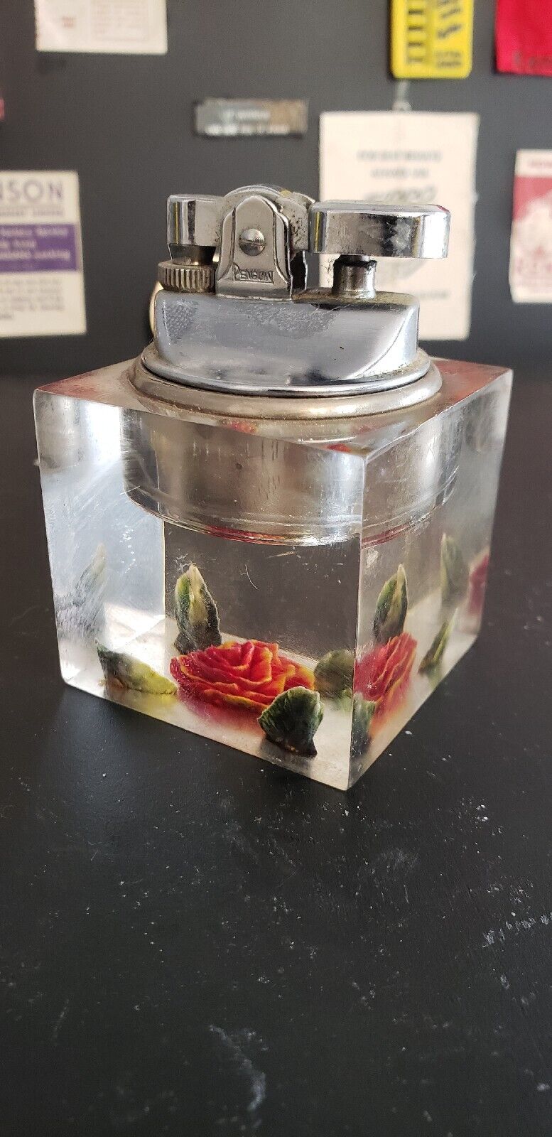 Mid Century Modern Penguin Glass and Chrome Table Top Lighter rose inside
