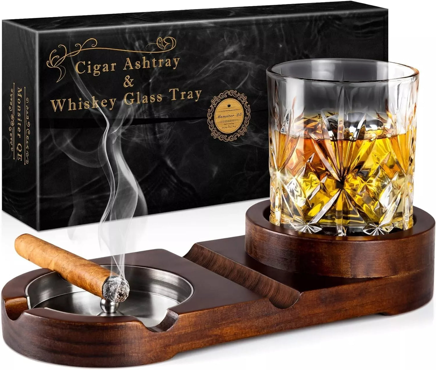 Cigar Ashtrays, Whiskey Glass Tray and Wooden Ash Tray Detachable Outdoor Ashtra