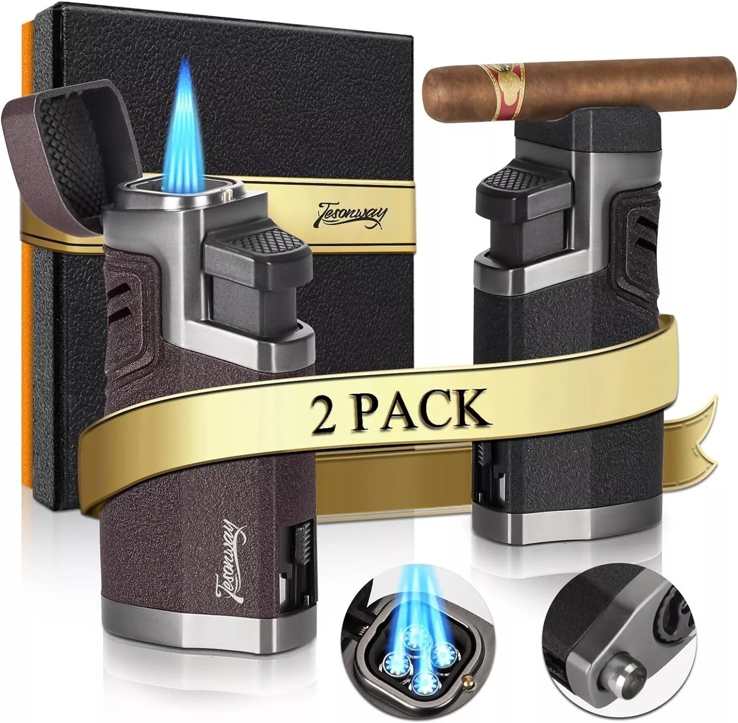 Cigar Lighter, 2 Pack, Quad Jet Flame Torch Lighter, Refillable Butane Lighters