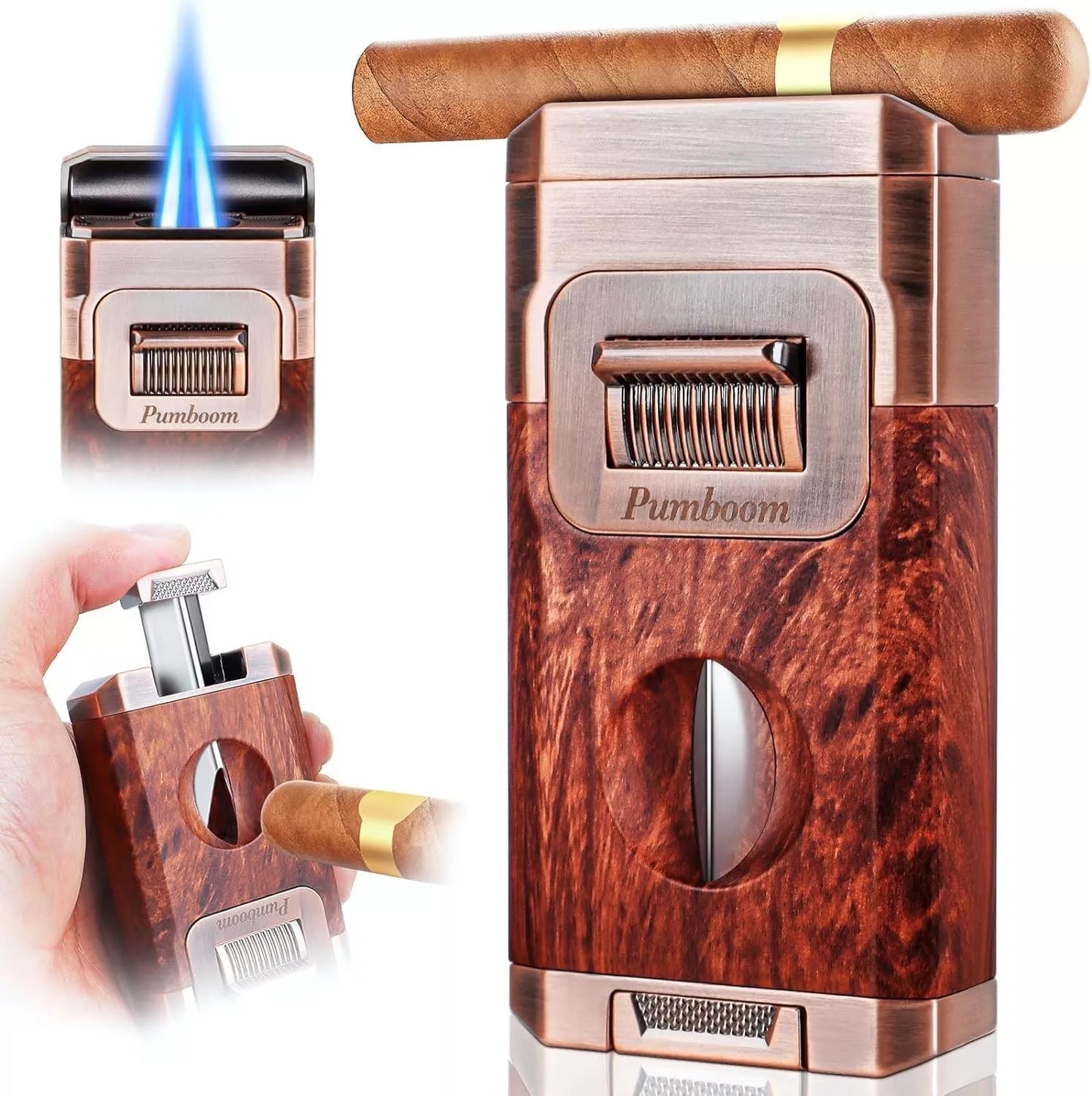 All-In-One Torch Cigar Lighter with Built-In Cigar Cutter V Cut, Cigar Holder, D