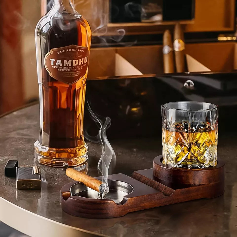 Cigar Ashtrays, Whiskey Glass Tray and Wooden Ash Tray Detachable Outdoor Ashtra