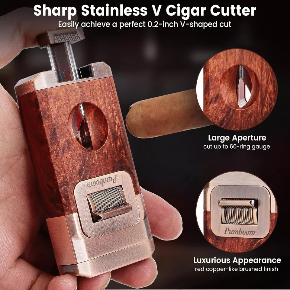 All-In-One Torch Cigar Lighter with Built-In Cigar Cutter V Cut, Cigar Holder, D