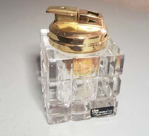 Modern Square Indented Glass Gold Table Top Lighter Tomi Collectible need fluid