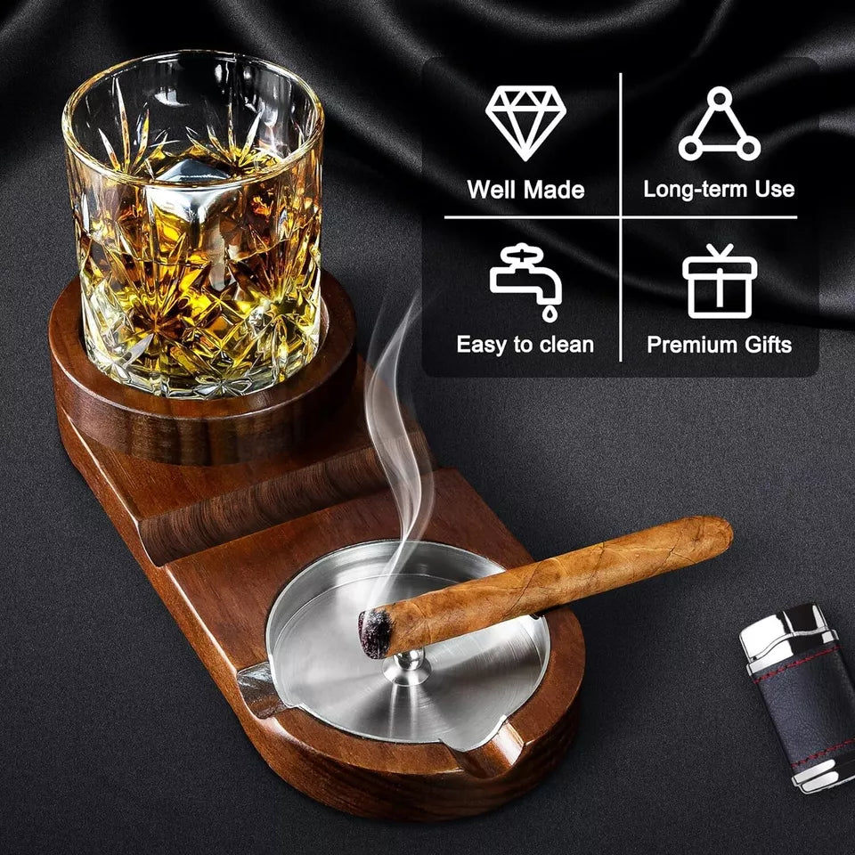 Cigar Ashtrays, Whiskey Glass Tray and Wooden Ash Tray Detachable Outdoor Ashtra