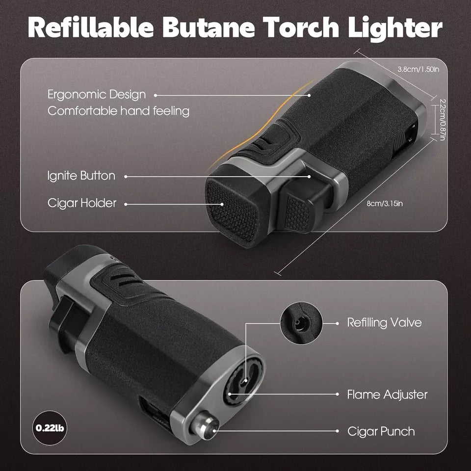 Cigar Lighter, 2 Pack, Quad Jet Flame Torch Lighter, Refillable Butane Lighters