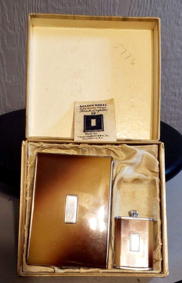 Vintage Golden Wheel Art Deco Gold Tone torch lighter cigarette case