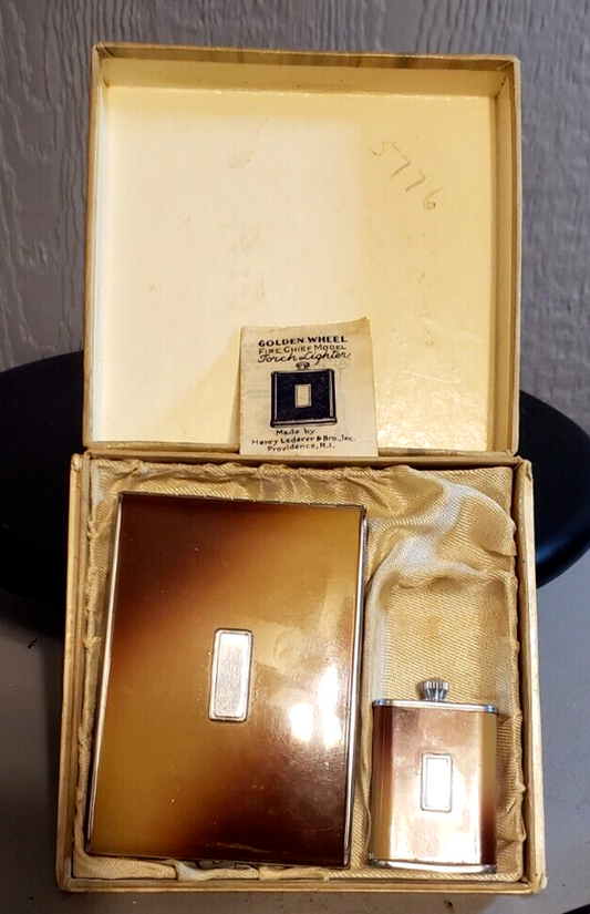 Vintage Golden Wheel Art Deco Gold Tone torch lighter cigarette case