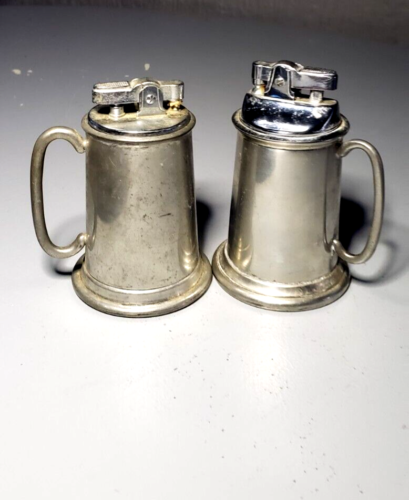 Pair of Raimond Vintage English Pewter Mugs with Evans Lighter Inserts, Colonial Mugs, Made in England