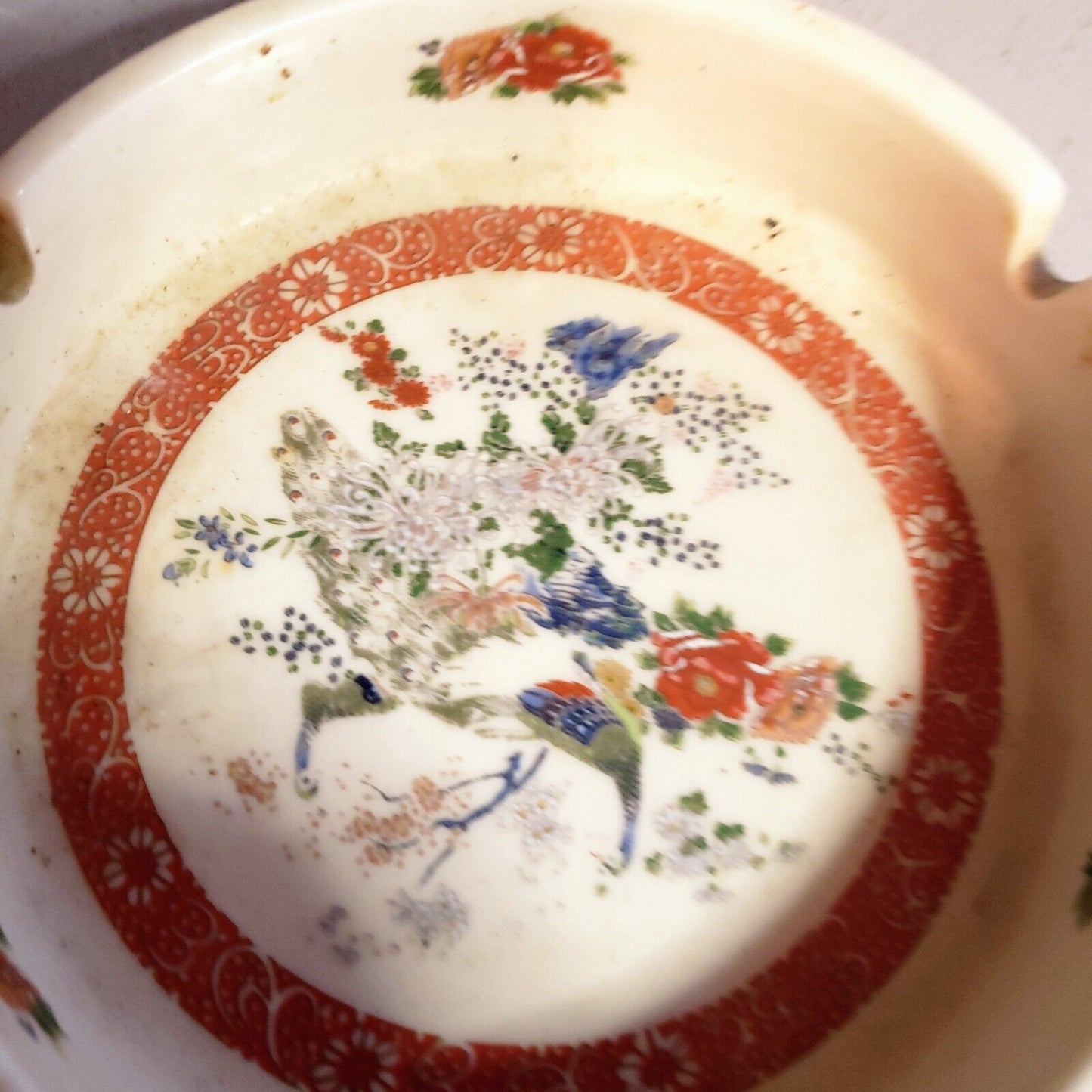Vintage Japan Porcelain "Flowers & Bird Design" Hand-Painted Ashtray