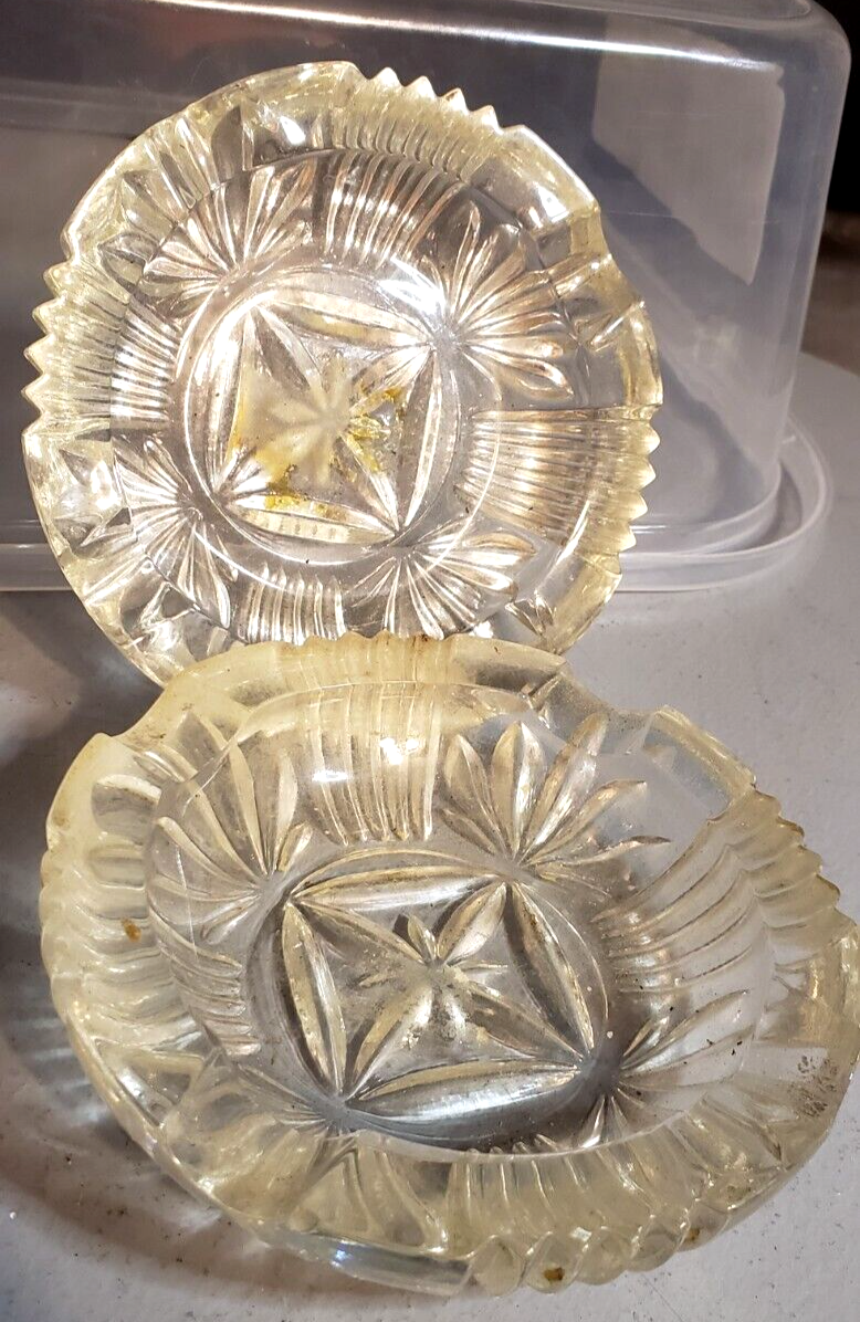 pair Vintage Lead Crystal Cut Clear Glass Etched Cigarette Ashtrays