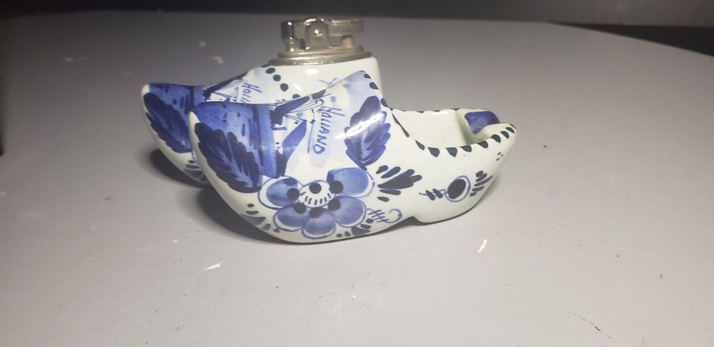 vintage Delft Holland Blue Hand Painted Shoe Clog Lighter matching ashtray