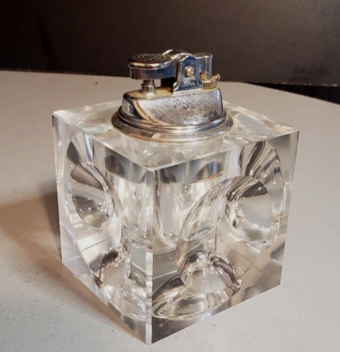 Vintage Square Table Top Butane Lighter Glass and Silver, Made in Japan