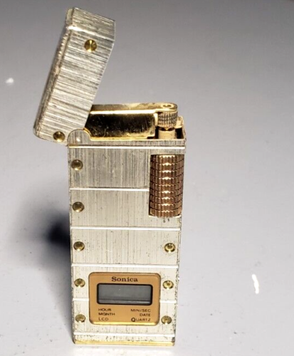 Sonica Butane Cigarette Lighter Clock Quartz Watch Japan Very Rare Gold