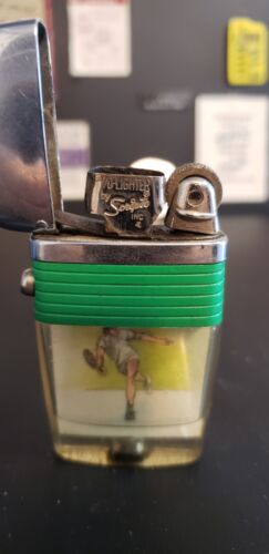 Vintage Scripto-Vu lighter, green band, tennis player, See through lighter, working