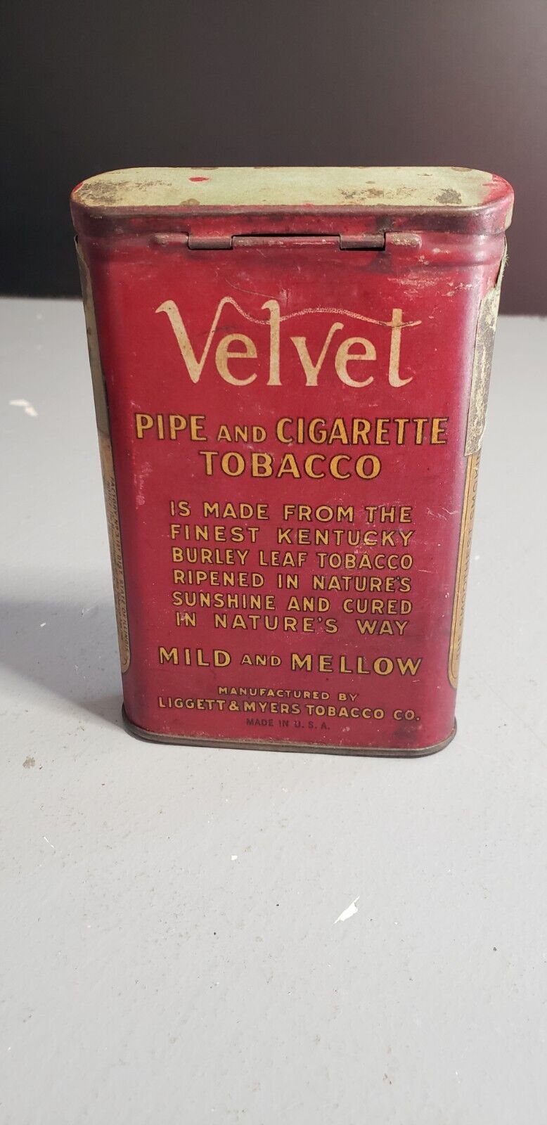 Vintage Velvet Pipe and Cigarette Tobacco Tin, Vintage Advertising Tin, Empty, Red